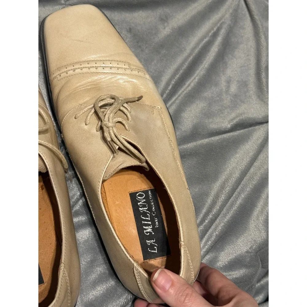 La Milano Genuine Leather Lace Up Shoes Cream‎ Off White Men Size 8.5 Cap Toe